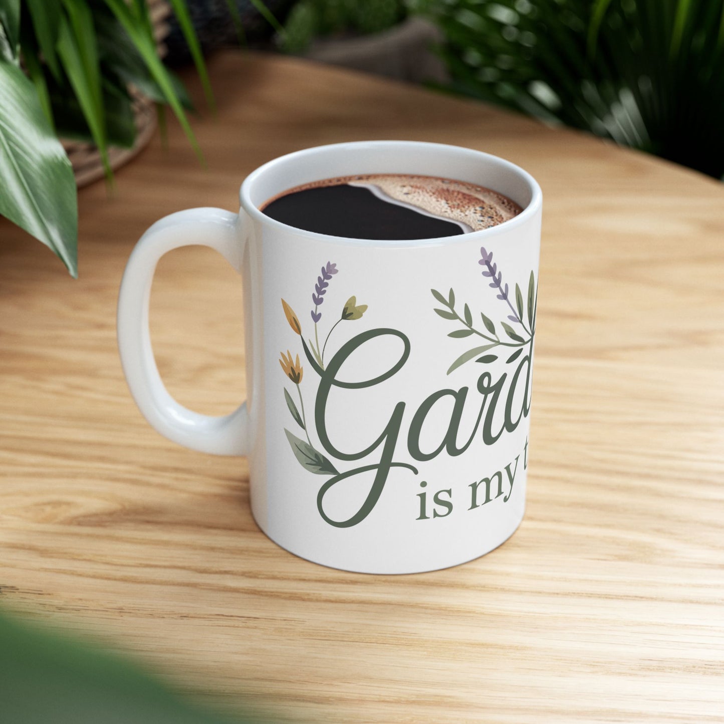 TEEZOCA ceramic mug displaying Gardening Is My Therapy with flowers and greenery