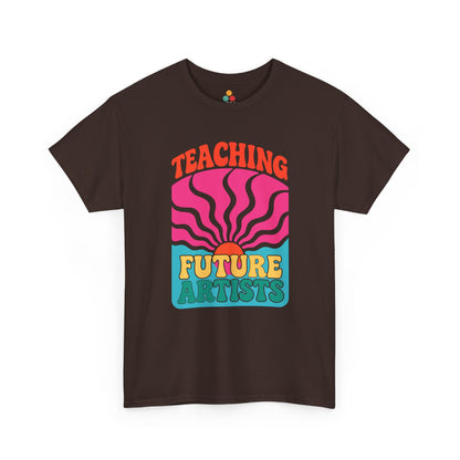 "brown 'Teaching Future Artists' shirts with colorful paint palette artwork, flat front view."

