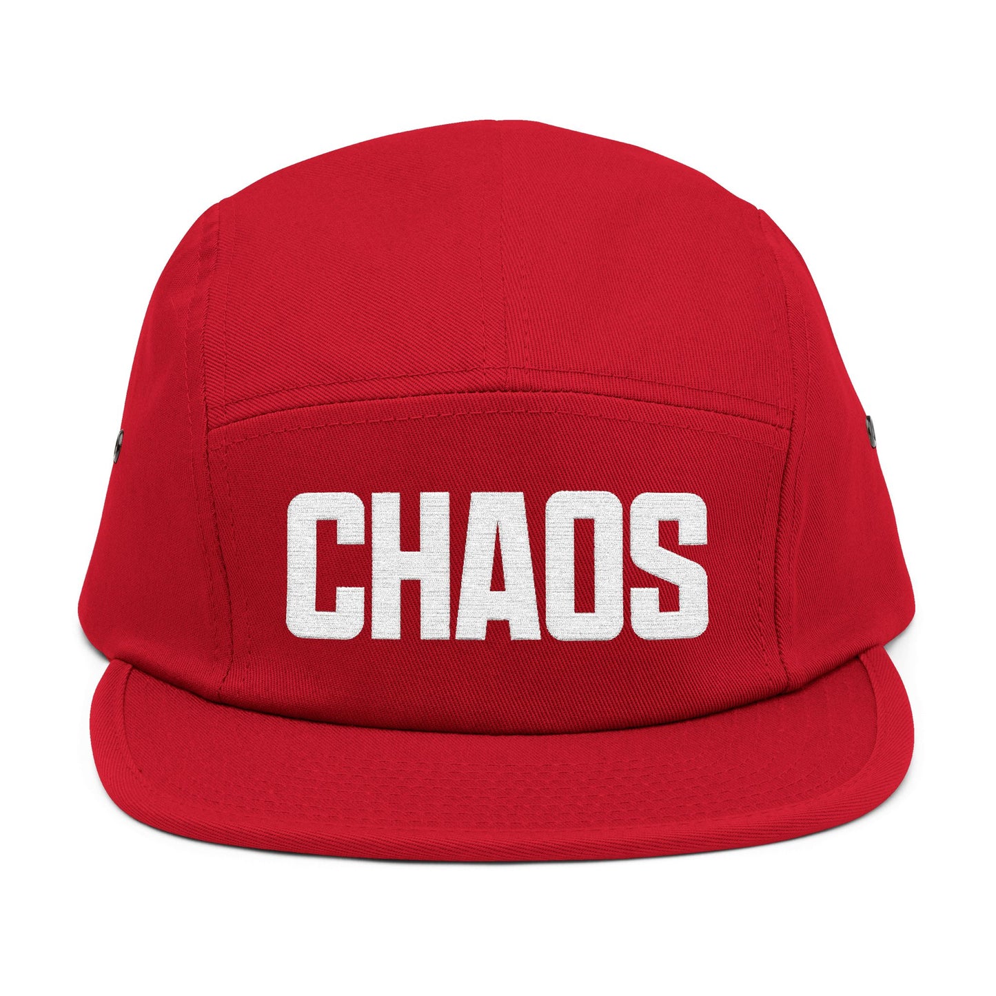Red cap with 'CHAOS' printed on it against a white background. Streetwear-style CHAOS text graphic in clean neutral tones. TEEZOCA