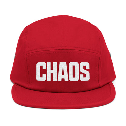 Red cap with 'CHAOS' printed on it against a white background. Streetwear-style CHAOS text graphic in clean neutral tones. TEEZOCA