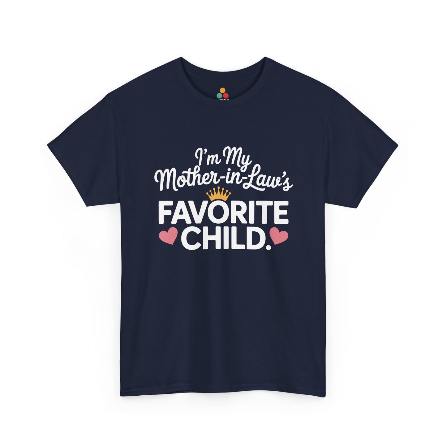 TEEZOCA navy “I’m My Mother‑in‑Law’s Favorite Child” cute script t‑shirt displayed flat.