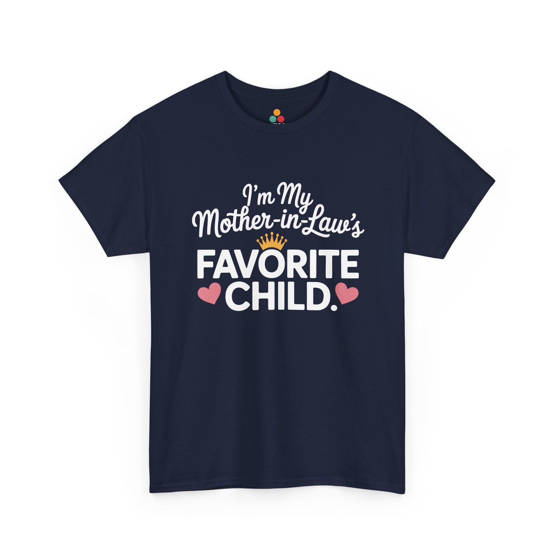 TEEZOCA navy “I’m My Mother‑in‑Law’s Favorite Child” cute script t‑shirt displayed flat.