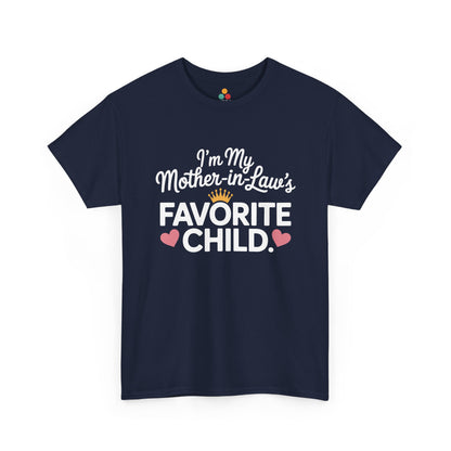 TEEZOCA navy “I’m My Mother‑in‑Law’s Favorite Child” cute script t‑shirt displayed flat.