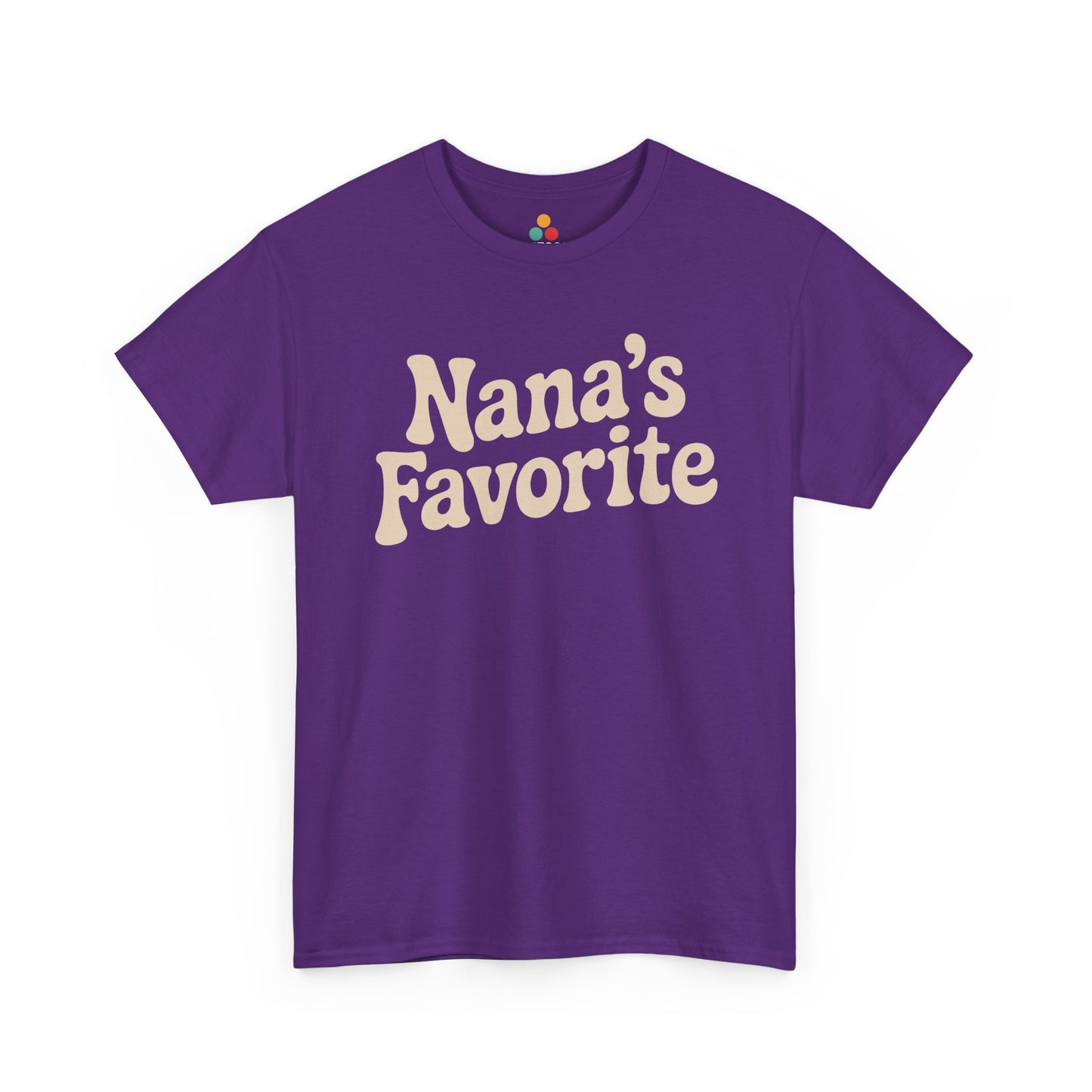 Purple t‑shirt with cream “Nana’s Favorite” groovy design, flat front view.