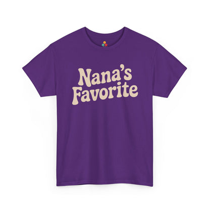 Purple t‑shirt with cream “Nana’s Favorite” groovy design, flat front view.