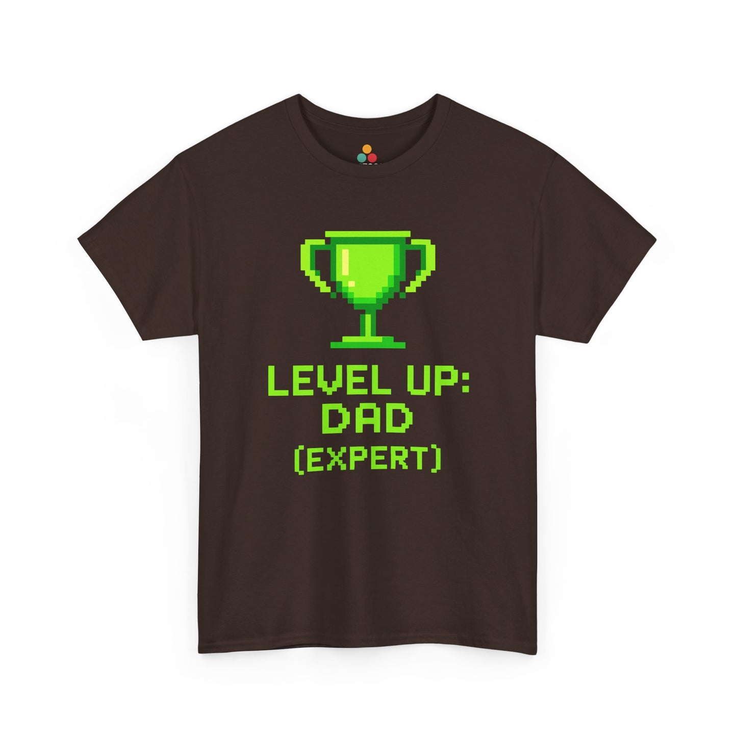 “ brown gamer dad shirts featuring green pixel trophy and ‘Level Up: Dad (Expert)’ text, flat front view.”

