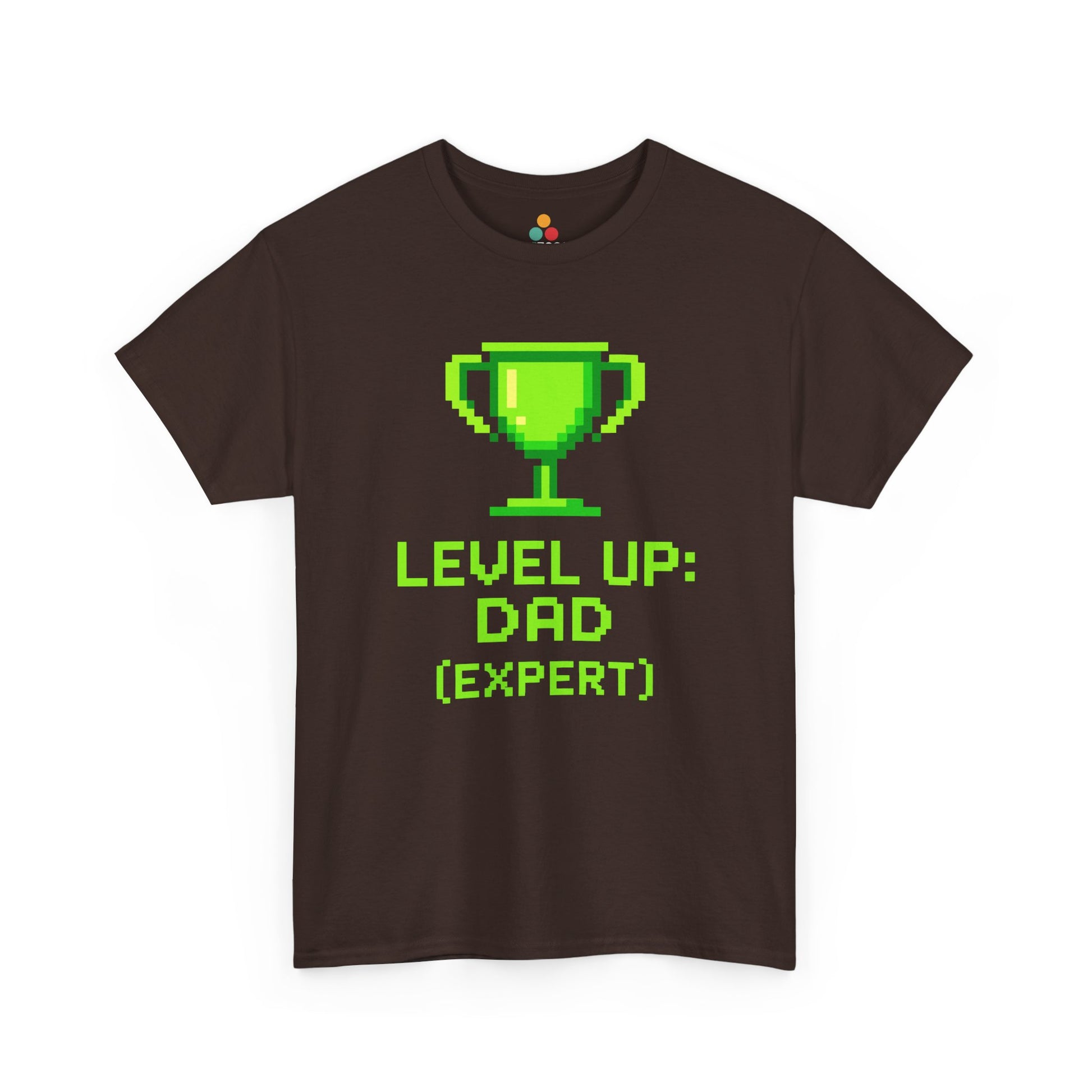 “ brown gamer dad shirts featuring green pixel trophy and ‘Level Up: Dad (Expert)’ text, flat front view.”


