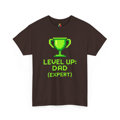 “ brown gamer dad shirts featuring green pixel trophy and ‘Level Up: Dad (Expert)’ text, flat front view.”

