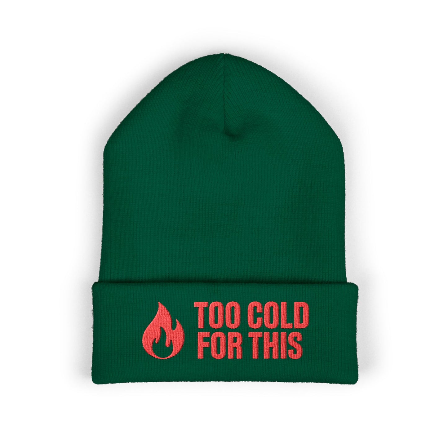 Close-up of flame embroidery and bold text on winter cuffed beanie