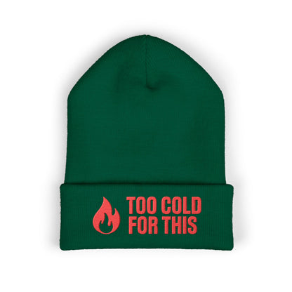 Close-up of flame embroidery and bold text on winter cuffed beanie