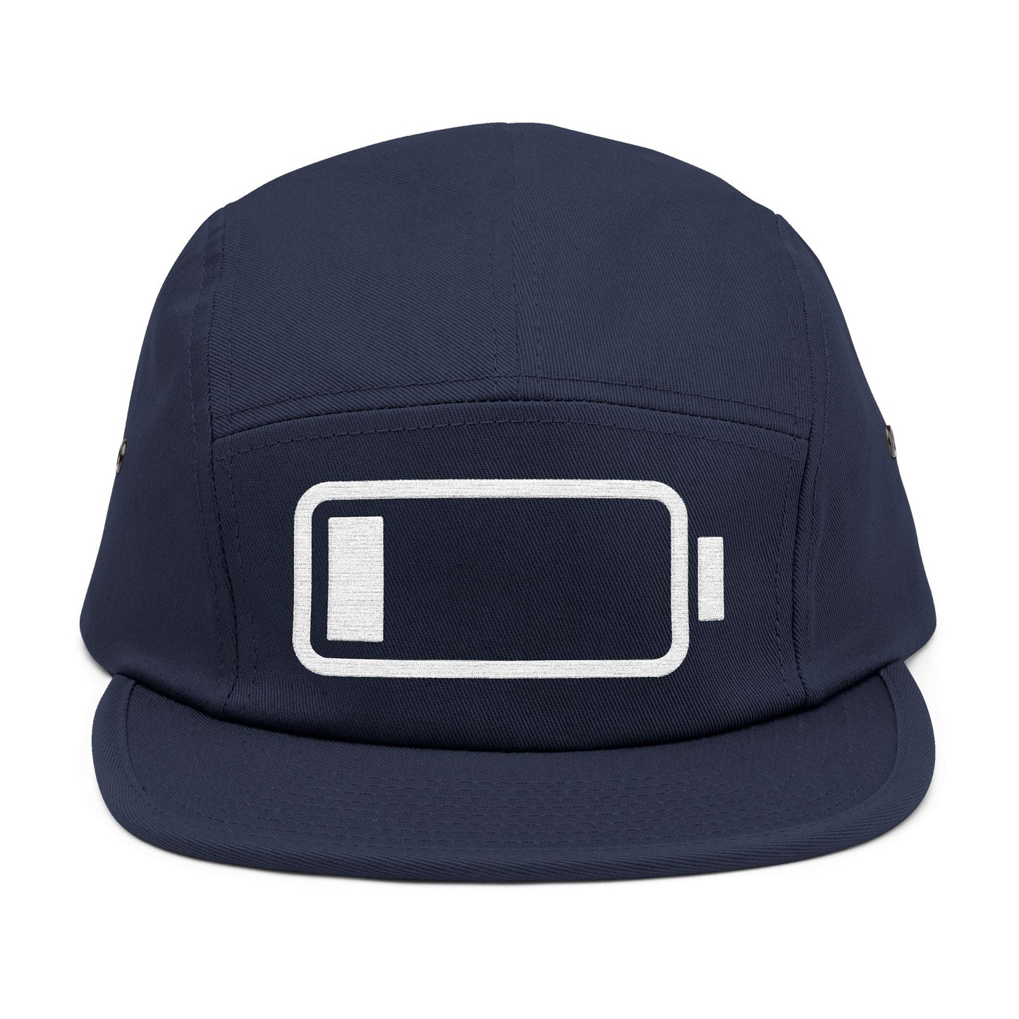 Navy blue cap with a white battery icon on a white background. Minimal low battery icon embroidered on 5-panel cap. TEEZOCA