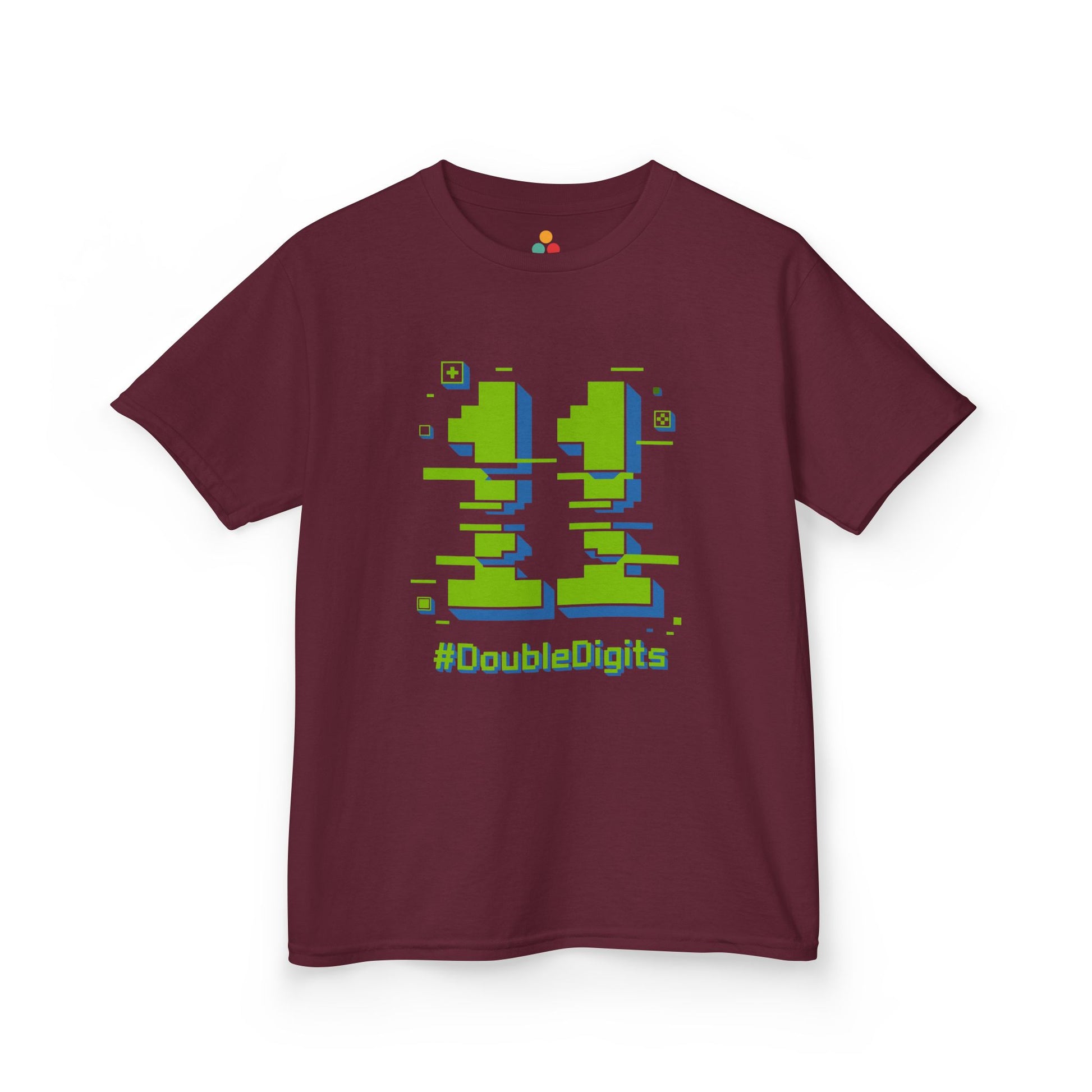 Maroon kids’ t‑shirt with neon green and blue pixel number 11 and “#DoubleDigits” gamer text, flat front view.