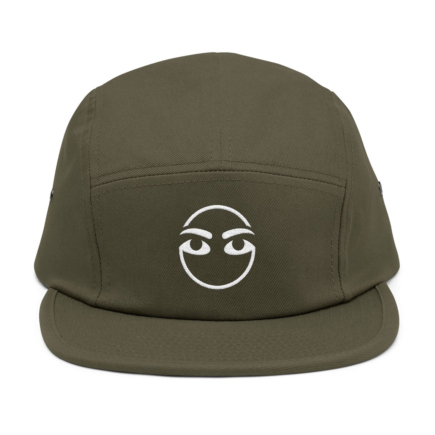 Green cap with a white face design on a white background. Raised brow face minimalist embroidery design in white. TEEZOCA