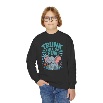 Youth Crewneck Sweatshirt — "Trunk Full of Fun" Playful Elephant Kids Pullover TEEZOCA