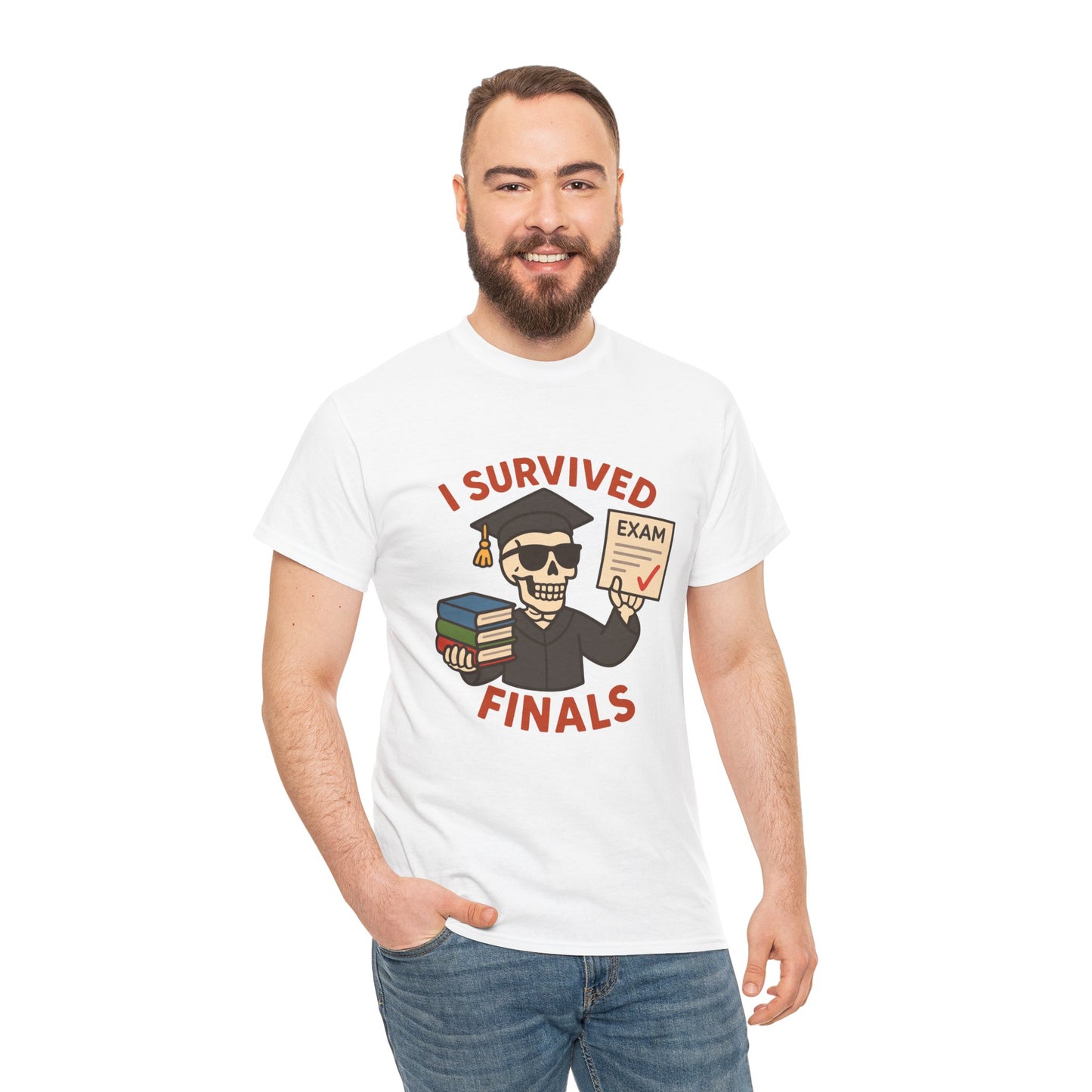 “Man wearing white ‘I Survived Finals’ graduation t‑shirt, front view.”

