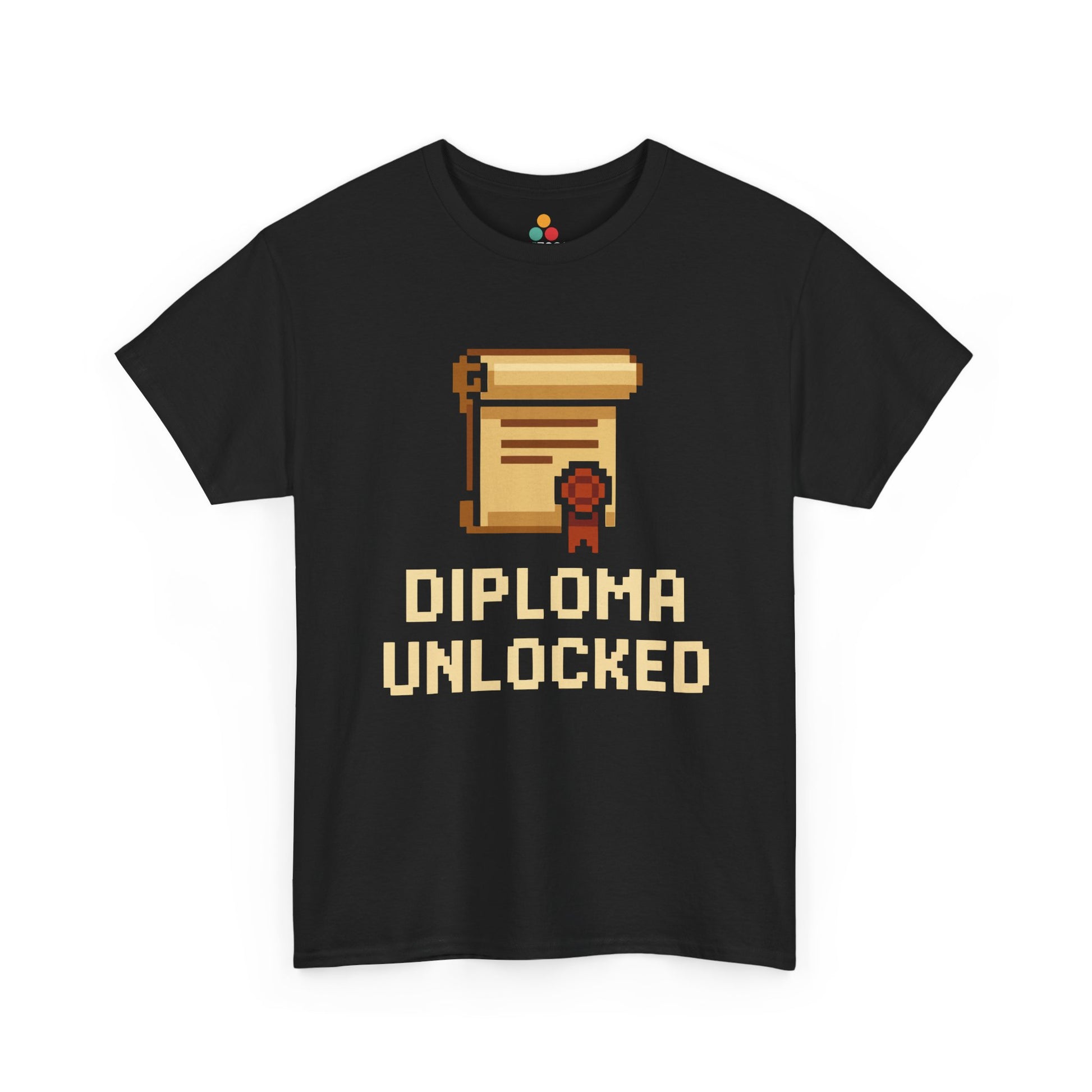 "Black t‑shirt with retro 8‑bit diploma scroll and achievement medal badge featuring the words 'DIPLOMA UNLOCKED,' flat front view."

