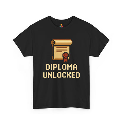 "Black t‑shirt with retro 8‑bit diploma scroll and achievement medal badge featuring the words 'DIPLOMA UNLOCKED,' flat front view."

