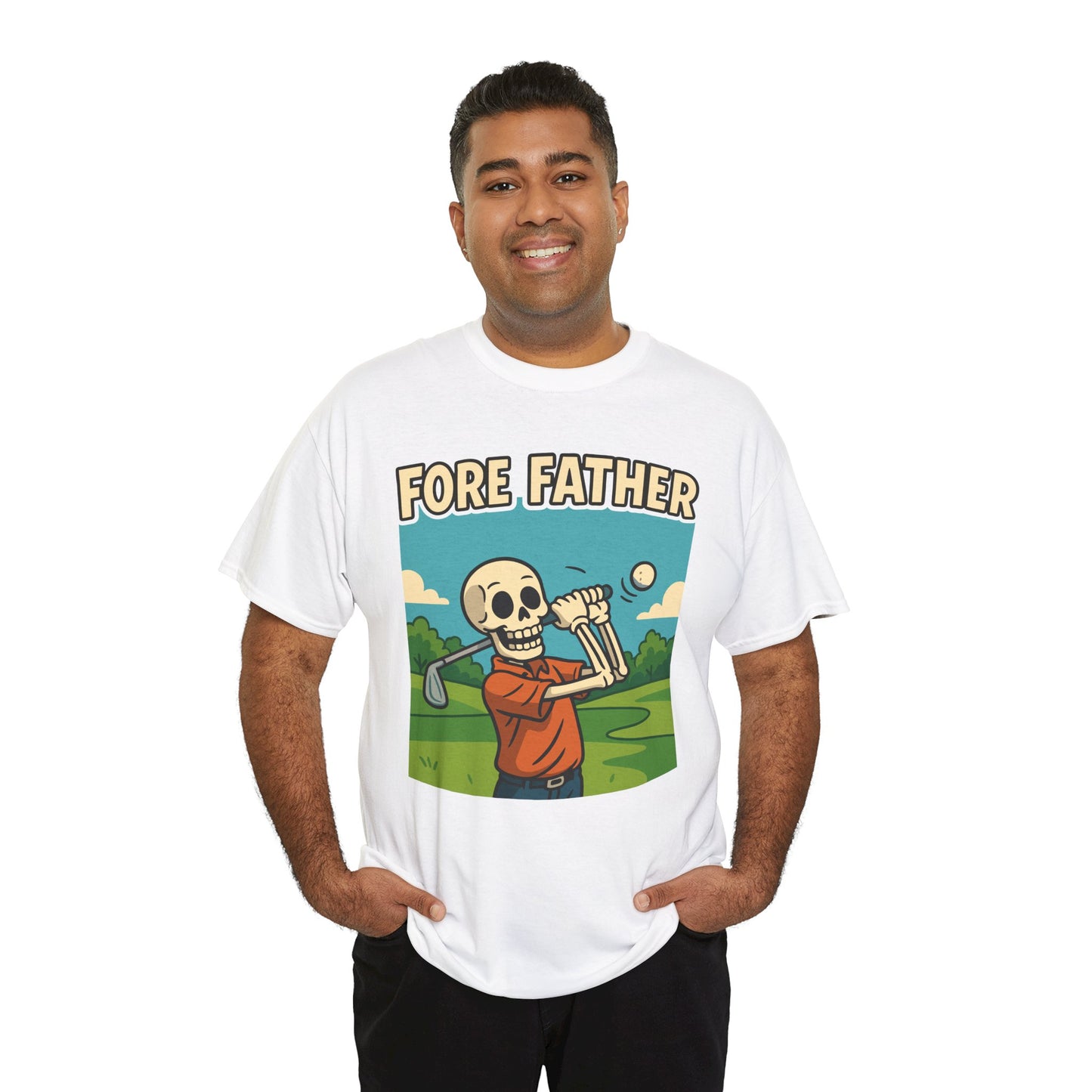 “Man wearing white ‘Fore Father’ skeleton golf dad t‑shirt, front view.”

