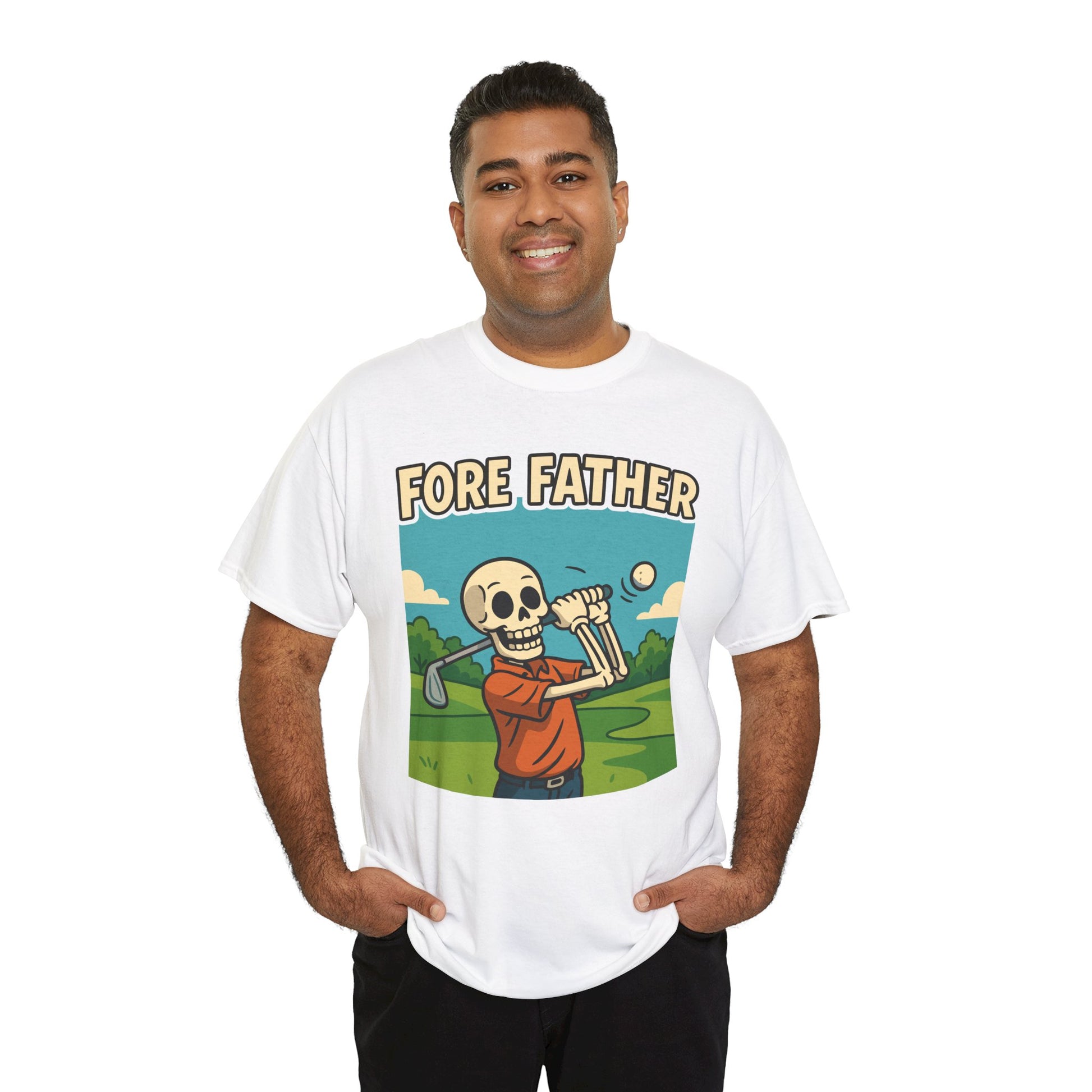 “Man wearing white ‘Fore Father’ skeleton golf dad t‑shirt, front view.”

