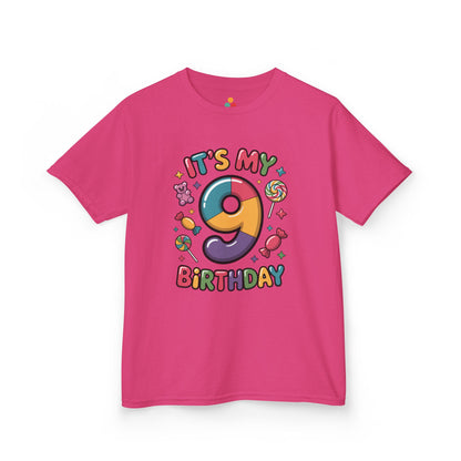 “Hot pink ‘It’s My 9th Birthday’ t-shirt with rainbow 9, gummy bear, lollipops and candy around the text, girls birthday top.”