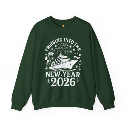 Green sweatshirt with New Year's design featuring a cruise ship and text on a white background