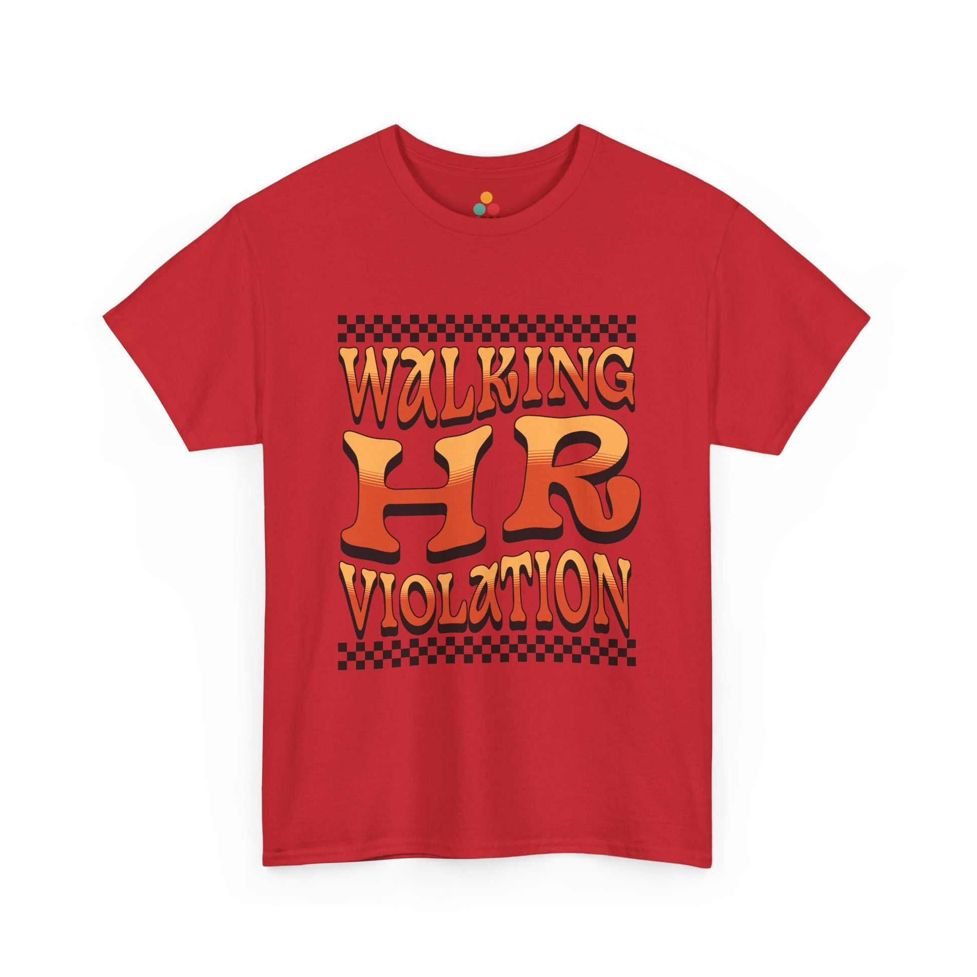 Red t-shirt with 'Walking HR Violation' text on a white background