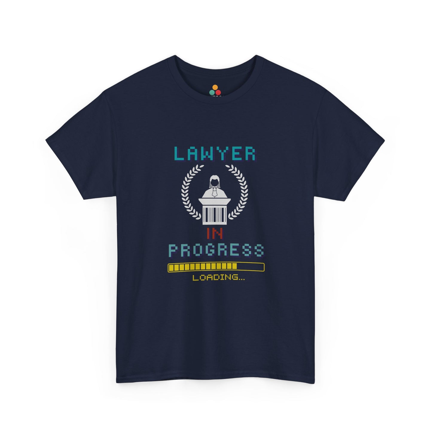 Navy blue t-shirt with 'Lawyer in Progress Loading' graphic on a white background