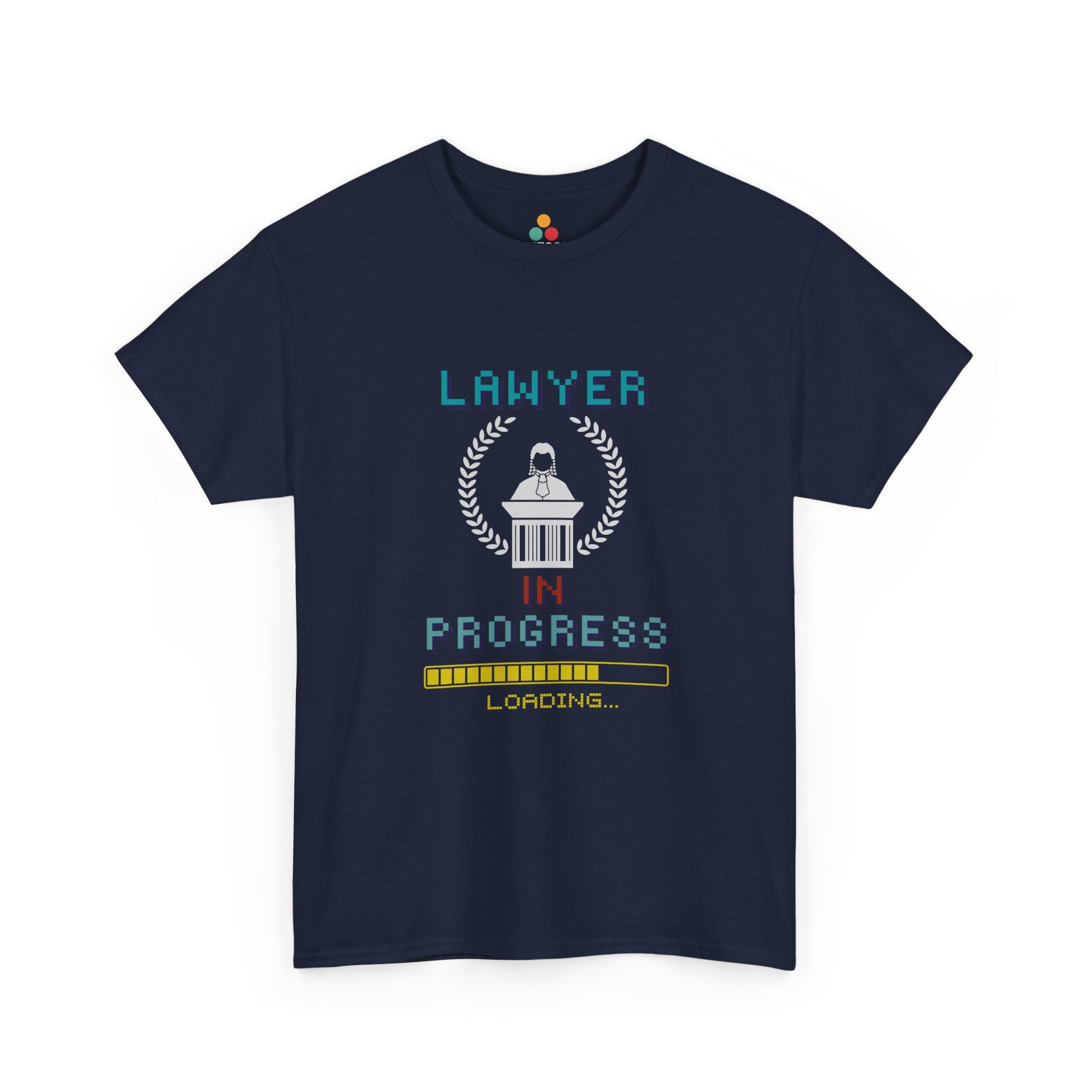 Navy blue t-shirt with 'Lawyer in Progress Loading' graphic on a white background