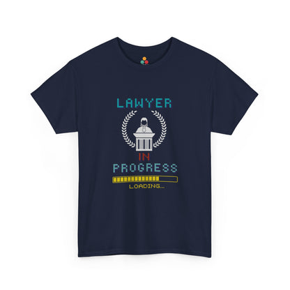 Navy blue t-shirt with 'Lawyer in Progress Loading' graphic on a white background
