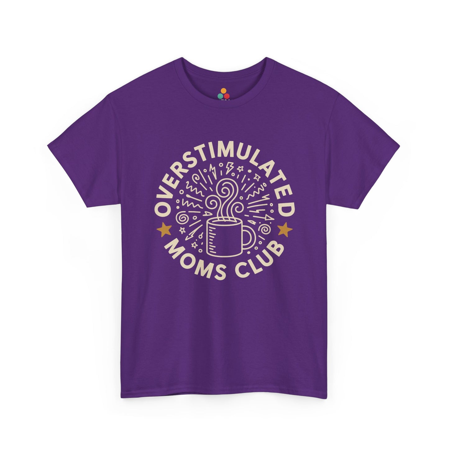 TEEZOCA purple “Overstimulated Moms Club” funny coffee mom t‑shirt displayed flat.