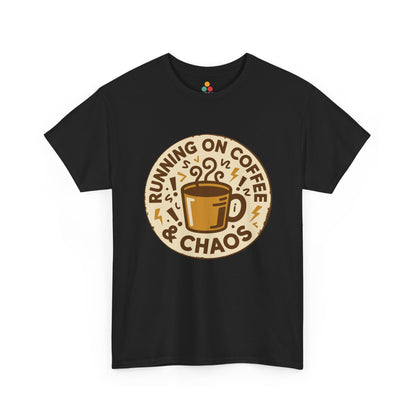 TEEZOCA black “Running On Coffee & Chaos” funny coffee graphic t‑shirt shown flat.