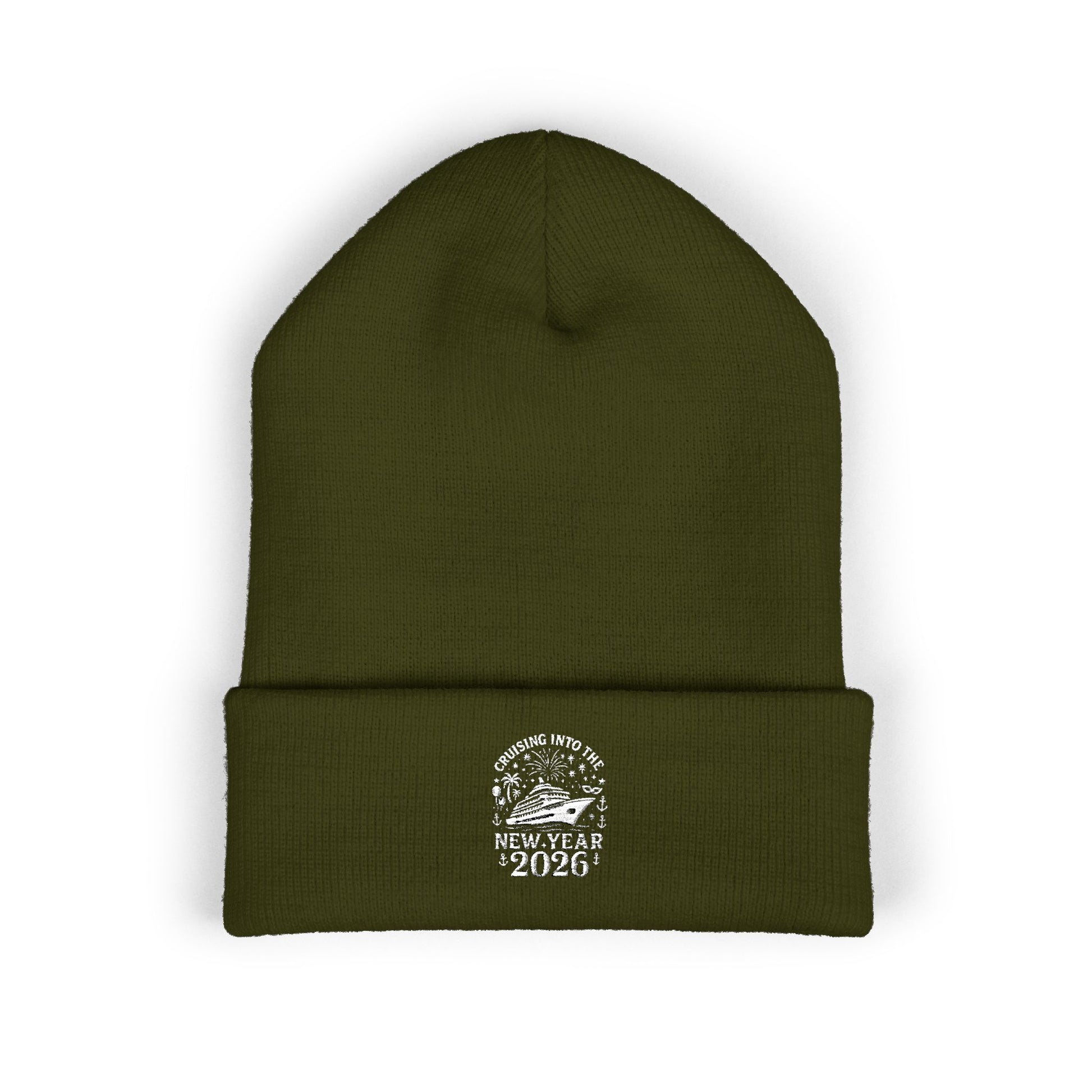 Green beanie with 'cruising into the new year 2026' text on a white background