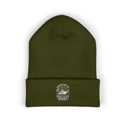 Green beanie with 'cruising into the new year 2026' text on a white background