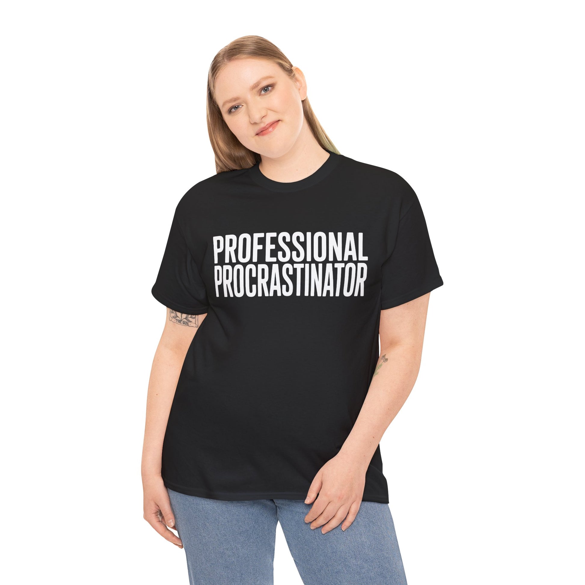 Person wearing a black t-shirt with 'PROFESSIONAL PROCRASTINATOR' text on a white background  | TEEZOCA