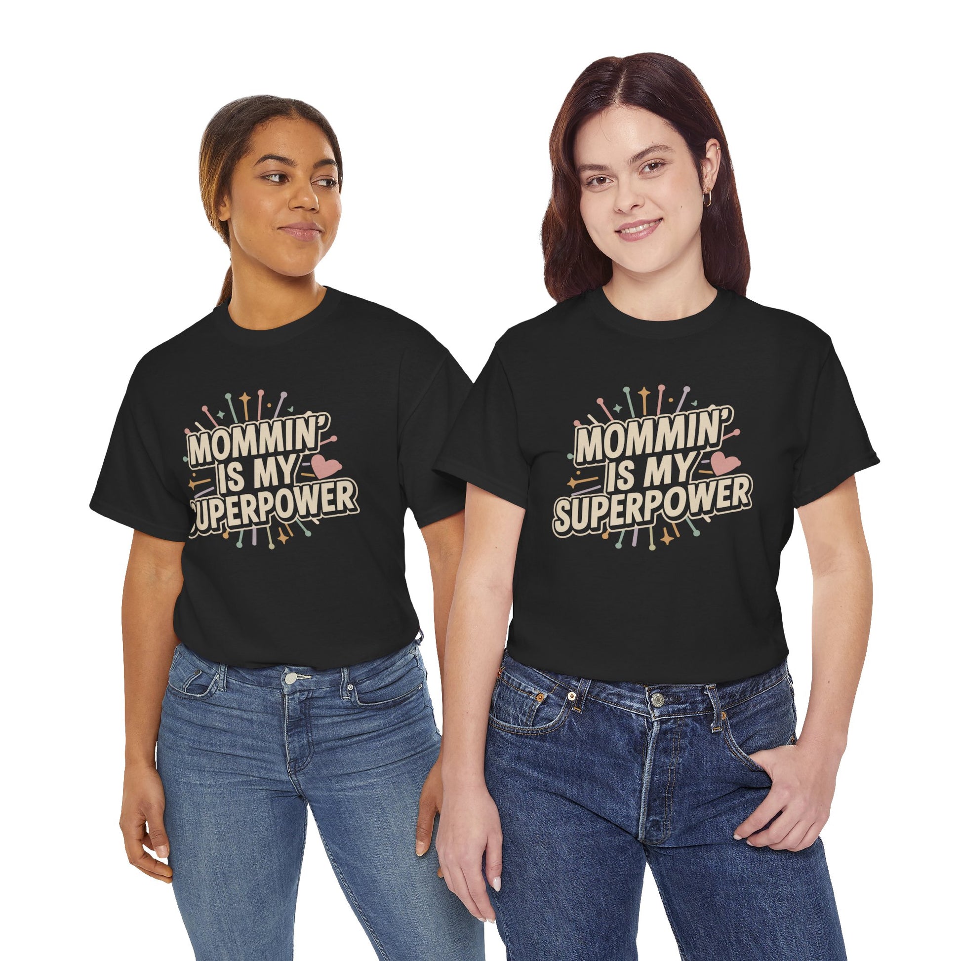 Woman wearing a black TEEZOCA "Mommin' Is My Superpower" funny mom empowerment tee with jeans.