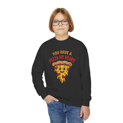 Youth Crewneck Sweatshirt - "You Have a Pizza My Heart" Cute Cartoon Pizza Graphic, Kids Valentine Crewneck TEEZOCA