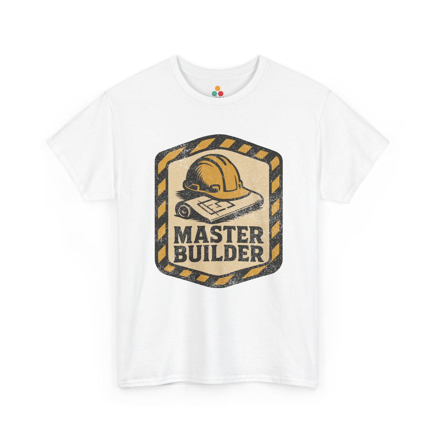 “White t‑shirt with a distressed badge graphic showing a yellow hard hat on blueprints and the words ‘MASTER BUILDER,’ flat front view.”

