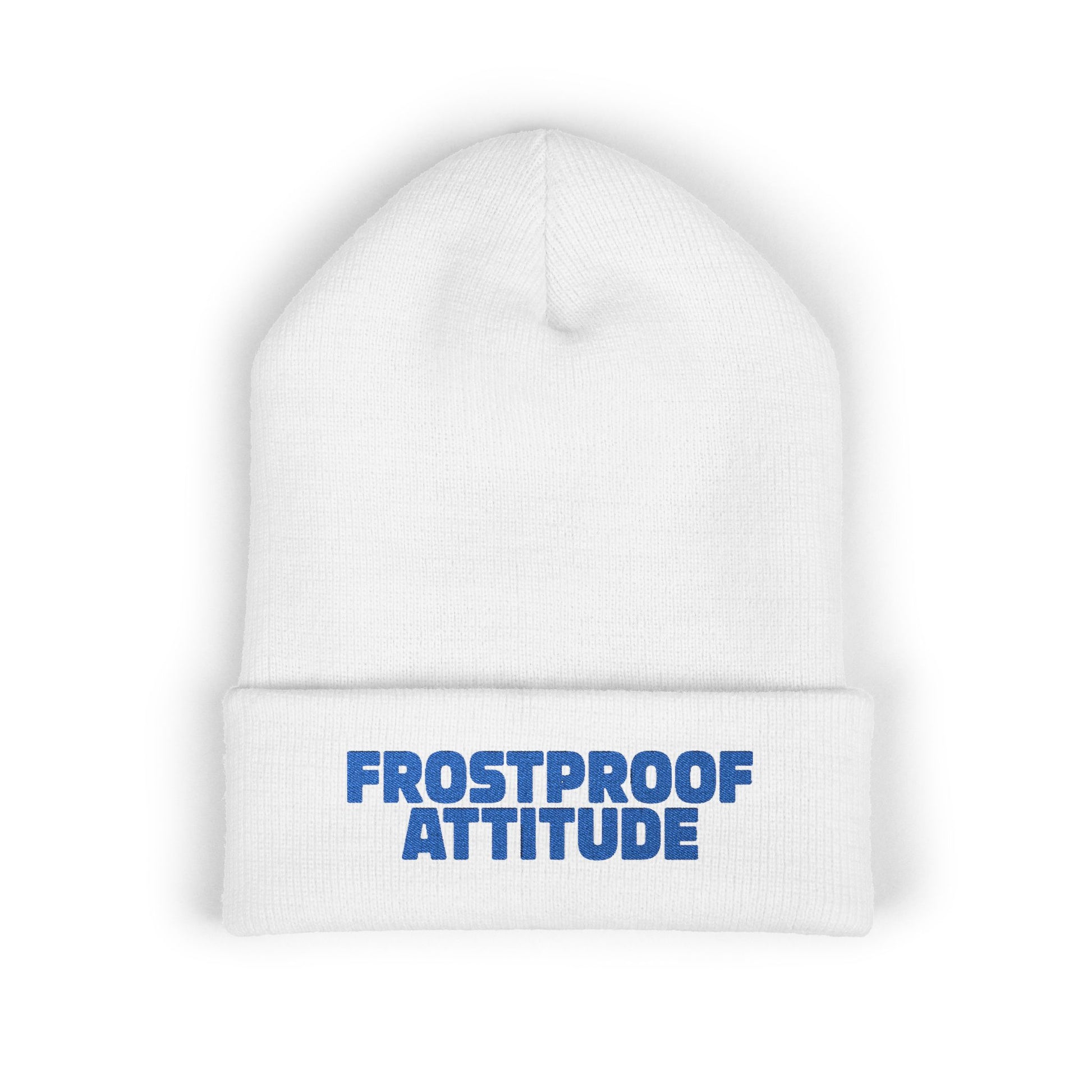 Frostproof Attitude winter hat featuring strong blue lettering on white knit