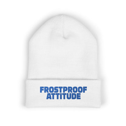 Frostproof Attitude winter hat featuring strong blue lettering on white knit