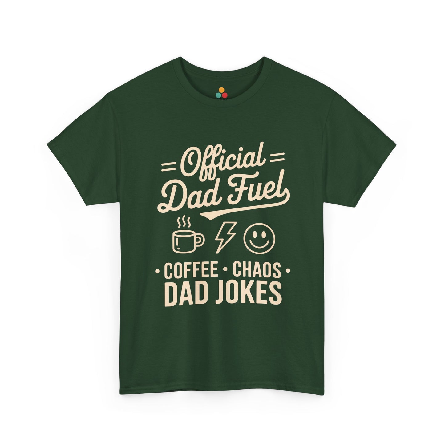 TEEZOCA green “Official Dad Fuel Coffee Chaos Dad Jokes” casual dad life T‑shirt displayed flat.