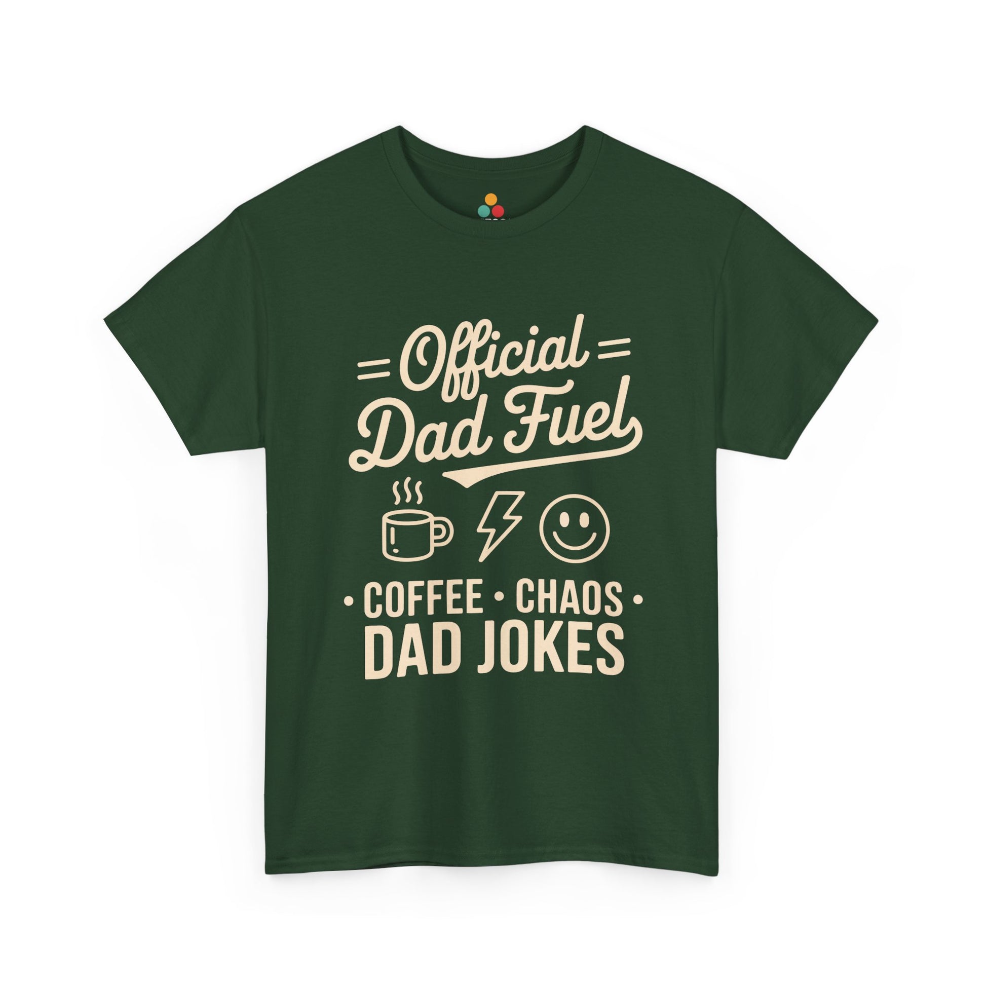 TEEZOCA green “Official Dad Fuel Coffee Chaos Dad Jokes” casual dad life T‑shirt displayed flat.