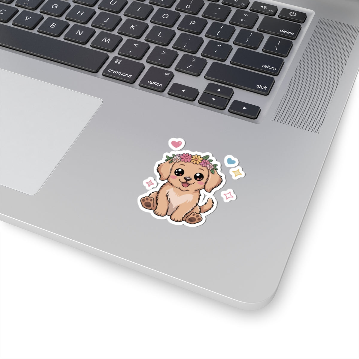 TEEZOCA adorable puppy sticker featuring kawaii dog wearing floral crown