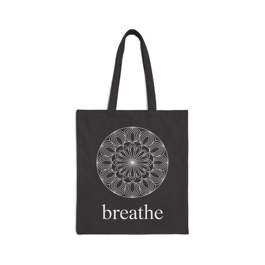 TEEZOCA tote bag featuring a mandala pattern with the word breathe