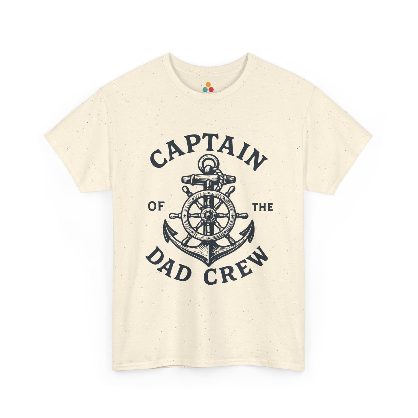 “Teezoca cream Captain of the Dad Crew shirt, minimalist navy ship wheel and anchor line art, Father’s Day t-shirt for dads, front.”

