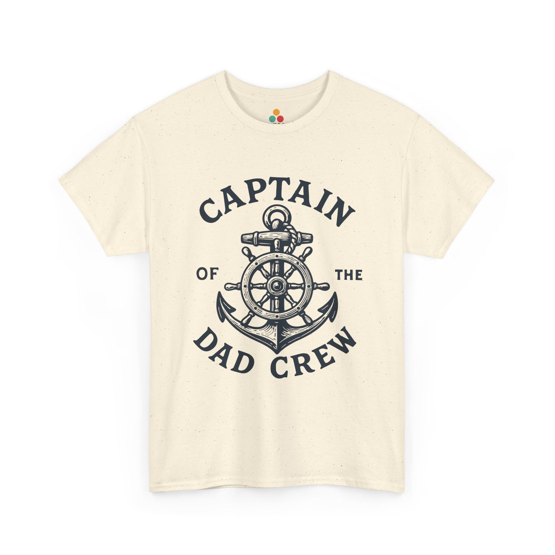 “Teezoca cream Captain of the Dad Crew shirt, minimalist navy ship wheel and anchor line art, Father’s Day t-shirt for dads, front.”

