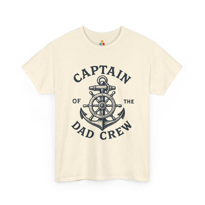 “Teezoca cream Captain of the Dad Crew shirt, minimalist navy ship wheel and anchor line art, Father’s Day t-shirt for dads, front.”

