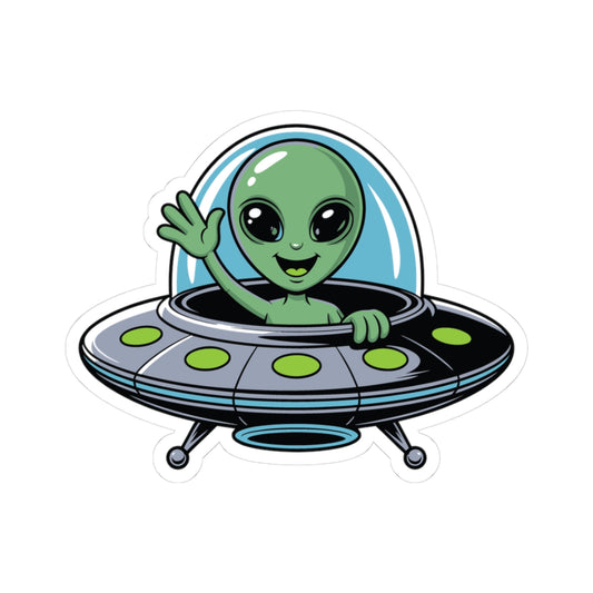 TEEZOCA cute alien UFO sticker with green alien waving from flying saucer