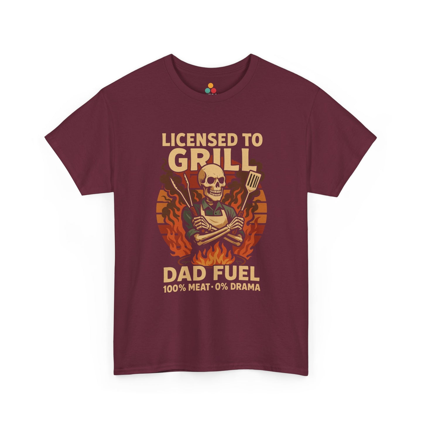 "Maroon unisex 'Licensed to Grill' tee with skeleton and flames graphic, flat display."

