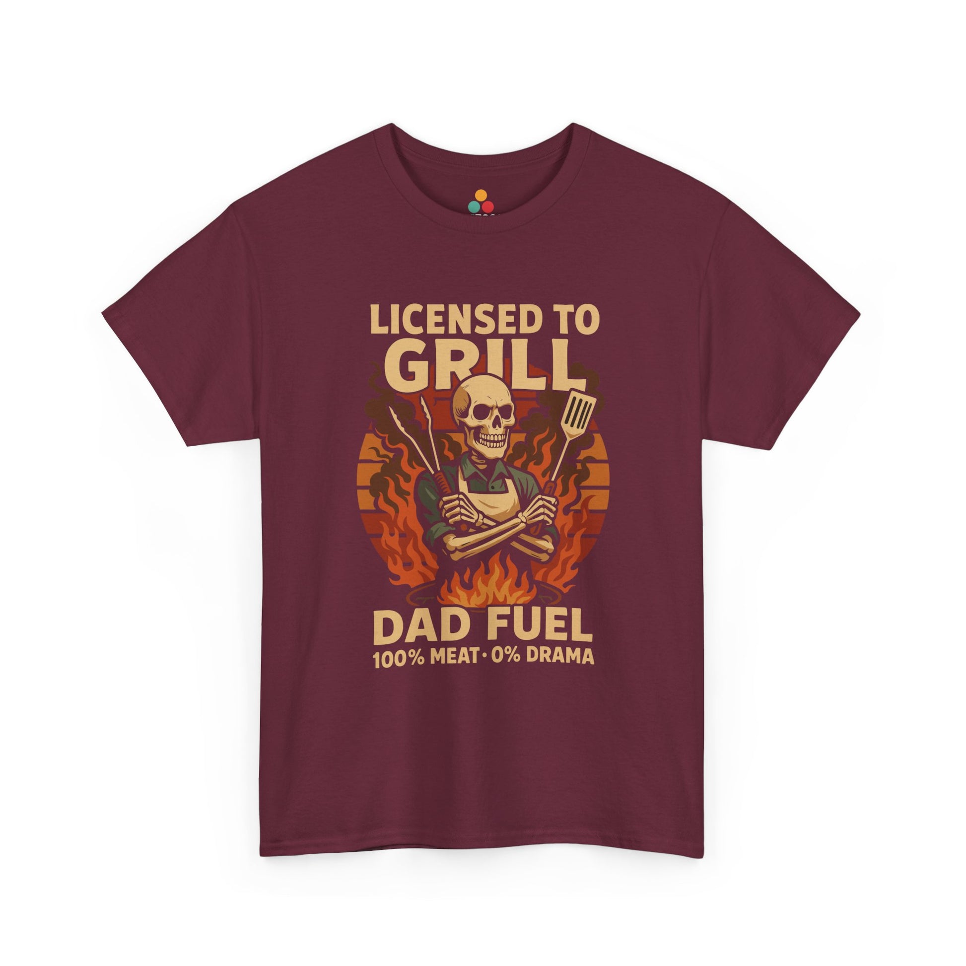 "Maroon unisex 'Licensed to Grill' tee with skeleton and flames graphic, flat display."

