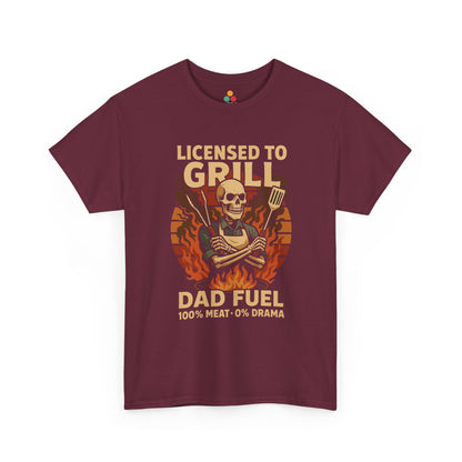 "Maroon unisex 'Licensed to Grill' tee with skeleton and flames graphic, flat display."

